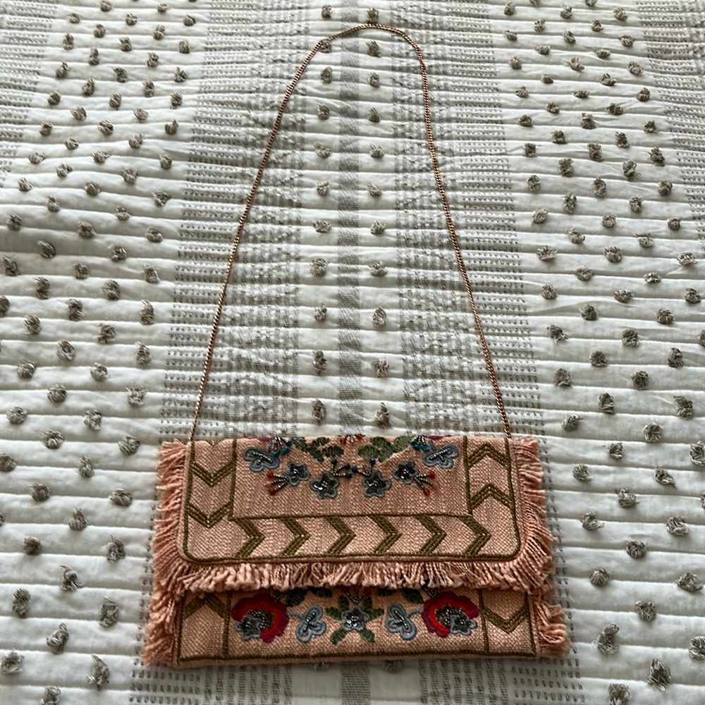 Embroidered Pink Clutch or Crossbody Purse